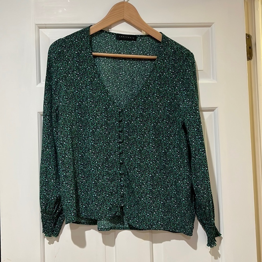 Sanctuary Green Animal Print Puff Sleeve Button Down
